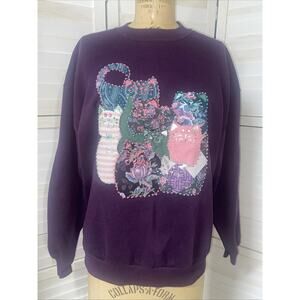 Vintage 80s Jerzees Cat Sweatshirt Handmade Puff Paint Grandmacore Sz X-Large